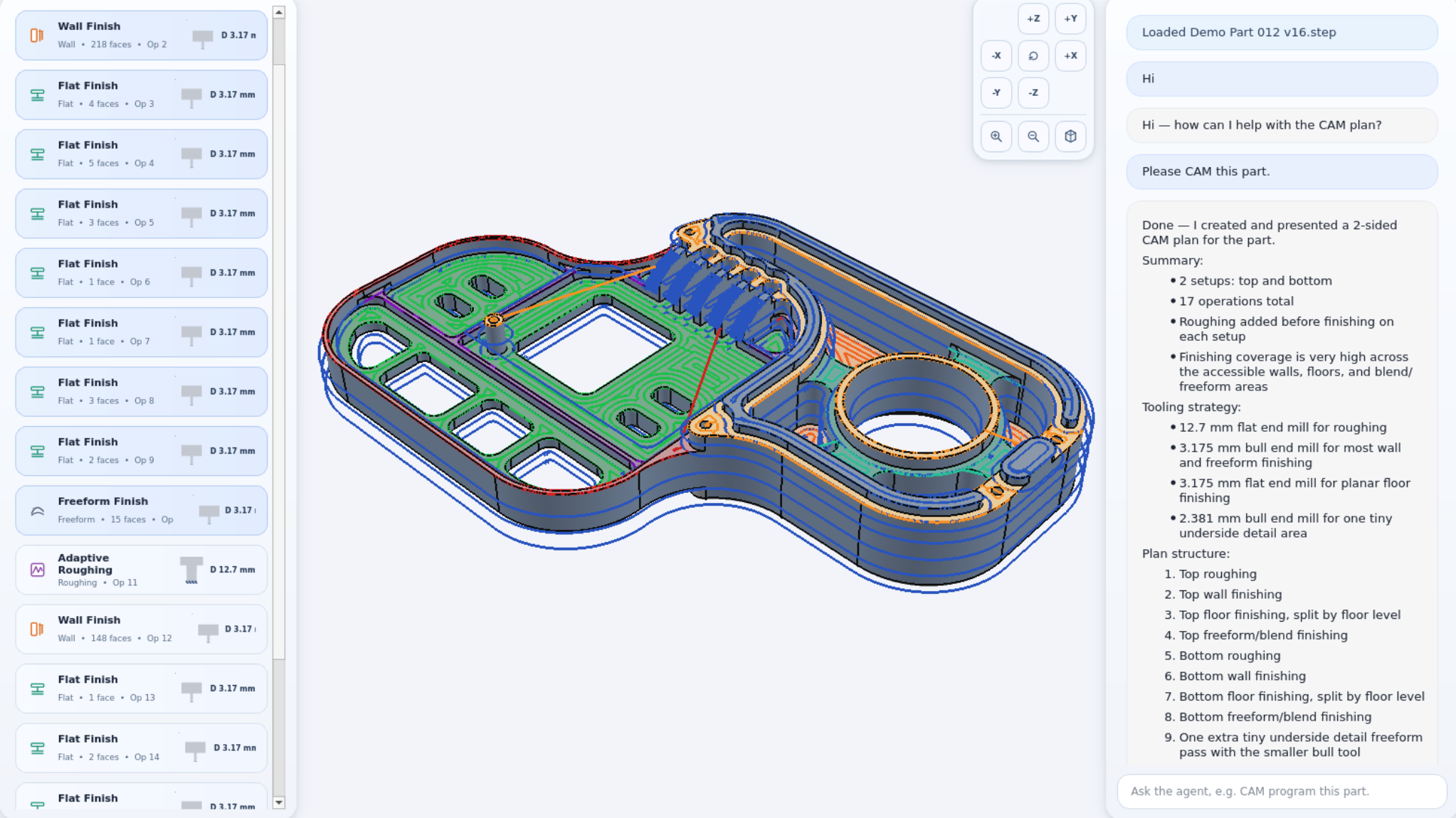 Current agentic CAM — complex freeform part, more operations
